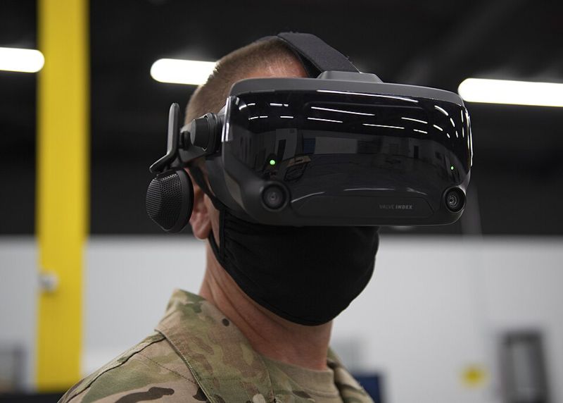 A person wearing a PC virtual reality headset