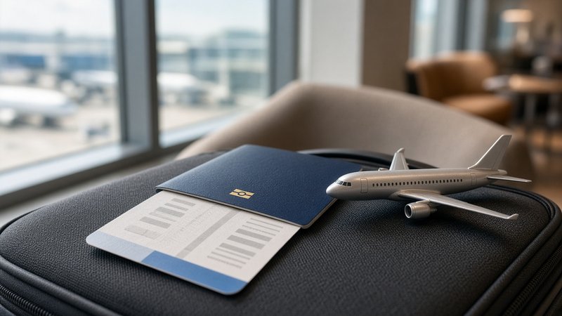 Passport, boarding pass, and model airplane on a suitcase in an airport lounge