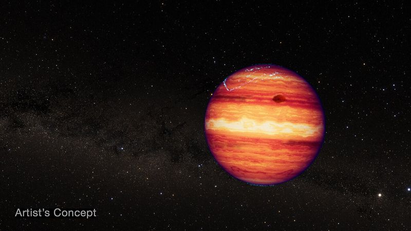 Artist’s concept of the banded orange brown dwarf SIMP 0136 against a starry background