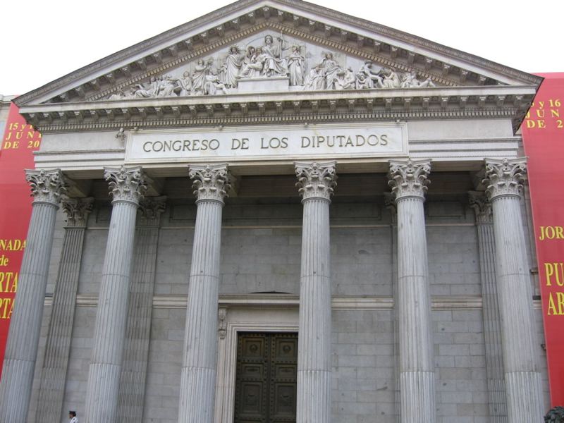 Columned facade of the Congreso de los Diputados, the lower house of Spain’s parliament, in Madrid