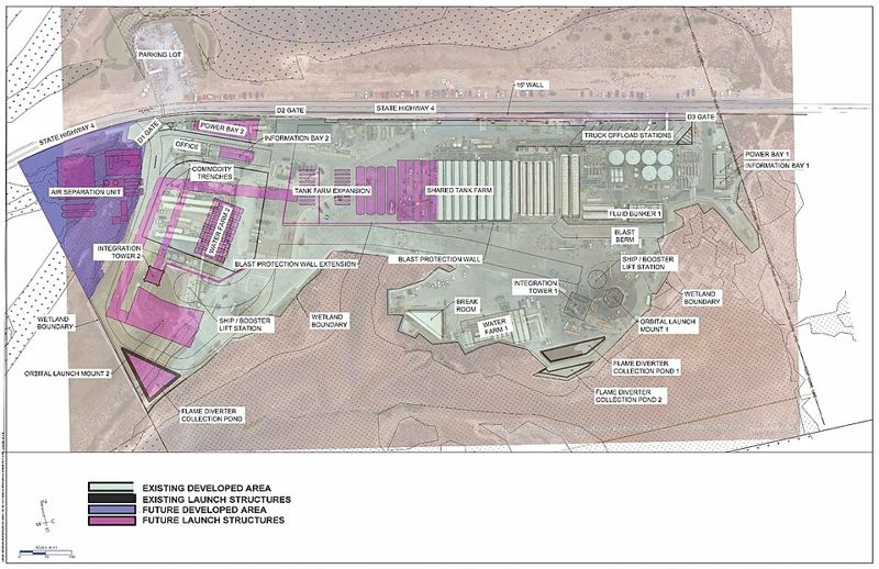 FAA site plan of the SpaceX Boca Chica Launch Site at Starbase, Texas, showing existing and future launch structures