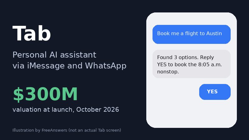 Illustration of a text-message exchange with the Tab AI assistant and its $300 million launch valuation