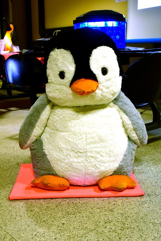 Large plush Tux penguin, the Linux mascot, sitting on an orange mat at a Linux Day event