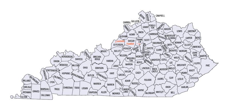 Outline map of Kentucky showing the boundaries and names of its 120 counties