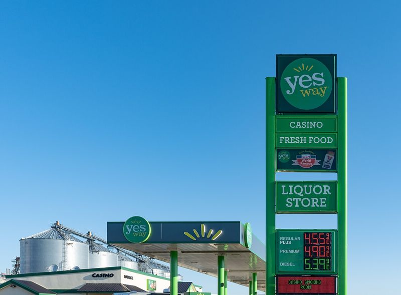 Gas station sign showing fuel prices for regular, premium, and diesel in Fort Pierre, South Dakota