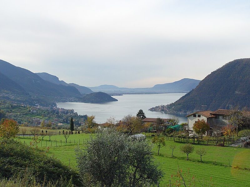 View over Lake Iseo in Lombardy, Italy, with Monte Isola in the middle of the lake