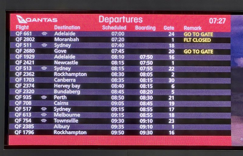 Flight departure board at an airport showing scheduled departure times
