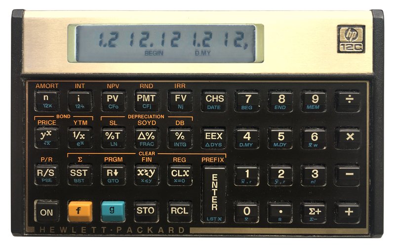 Hewlett-Packard HP-12C financial calculator (1988), used for business calculations