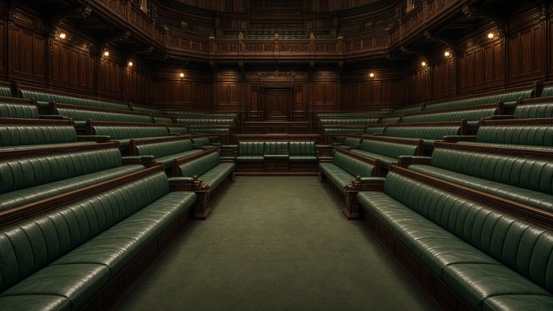 Empty parliamentary chamber with rows of green leather benches rising behind the front benches