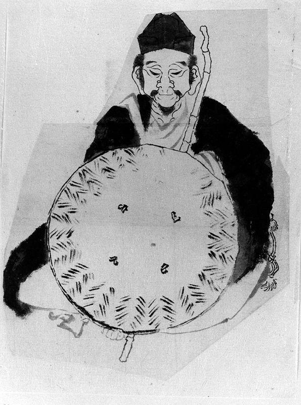 Hokusai ink portrait of the haiku poet Matsuo Basho seated in a robe