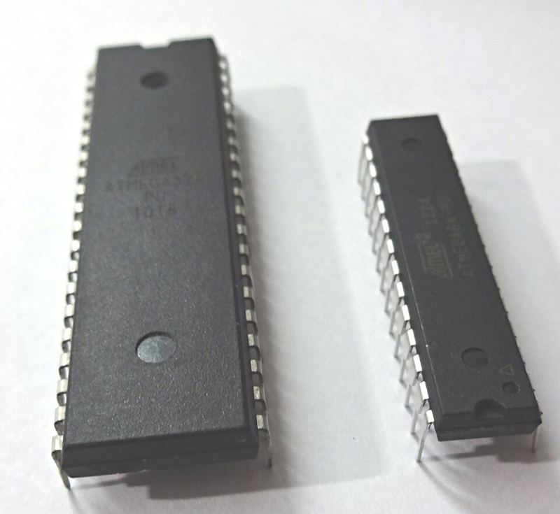 Two Atmel ATmega microcontroller chips, an ATmega32 and an ATmega8