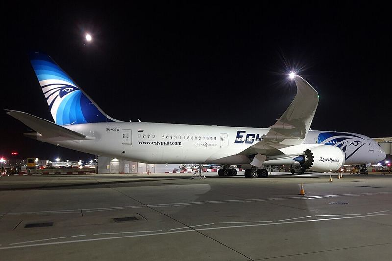 EgyptAir Boeing 787 parked at London Heathrow at night before an overnight flight