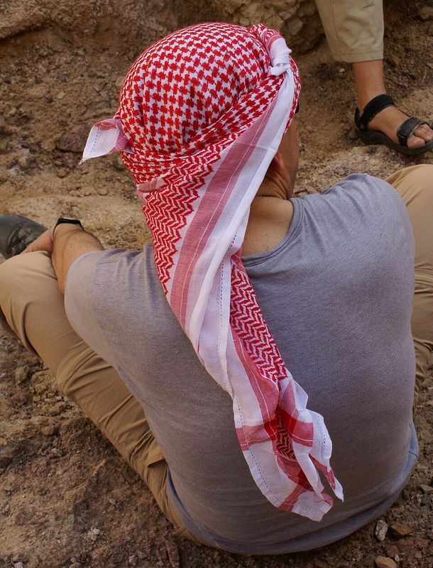 A person wearing a red-and-white checkered shemagh headscarf wrapped around the head
