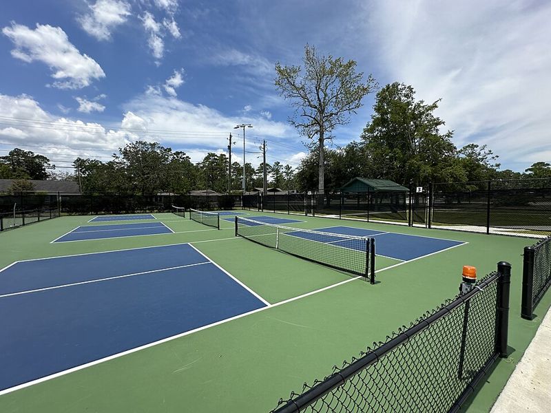 Outdoor pickleball courts with blue playing areas, green borders and nets