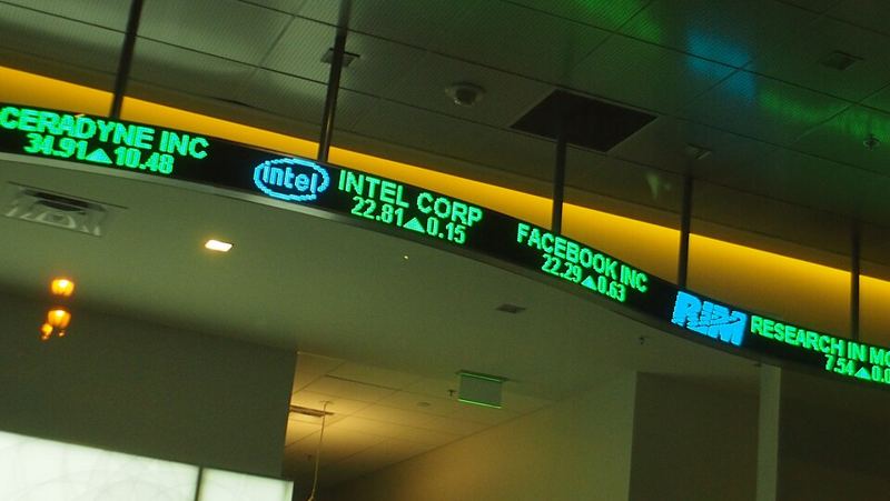 Scrolling green LED stock ticker board showing company names and share prices