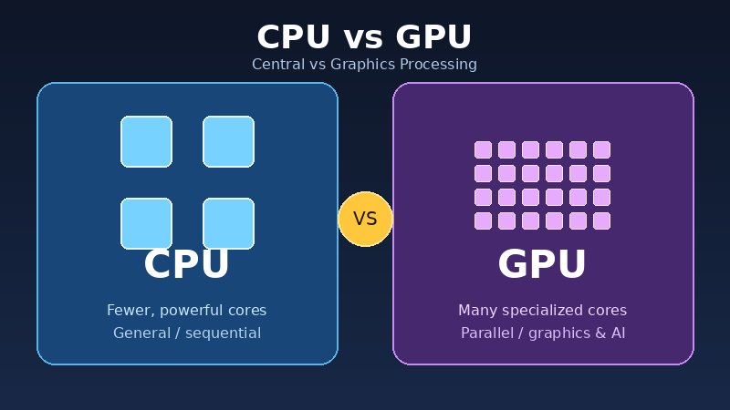 Diagram comparing a CPU with few powerful cores to a GPU with many parallel cores