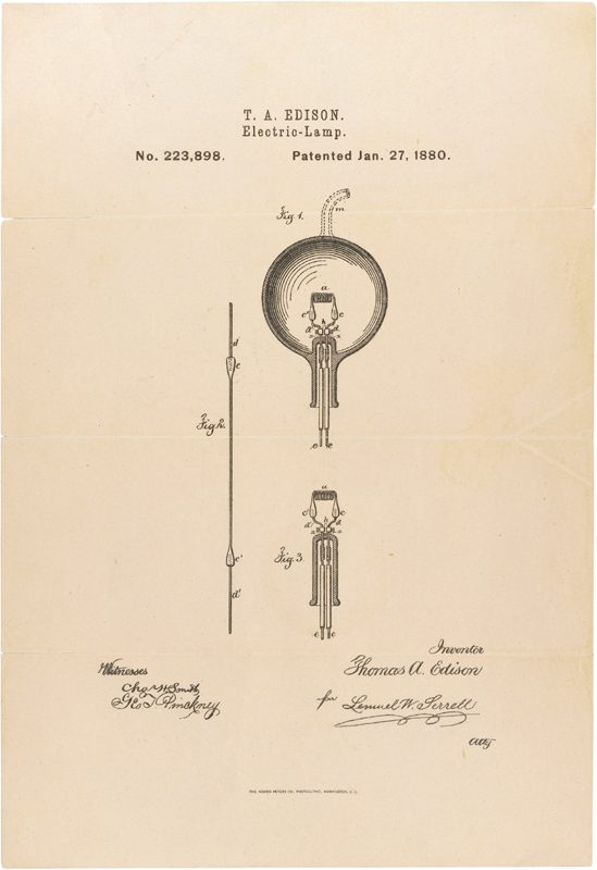 Thomas Edison's 1880 patent drawing for an electric lamp, U.S. Patent 223,898