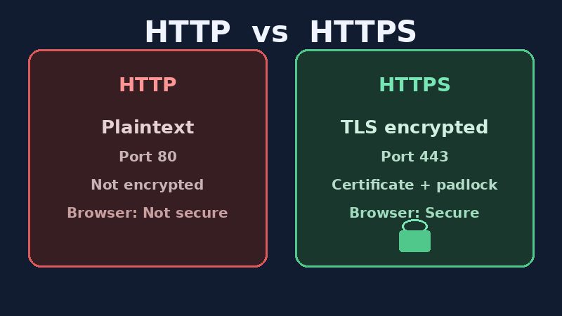 Side-by-side comparison of HTTP plaintext versus HTTPS TLS encryption