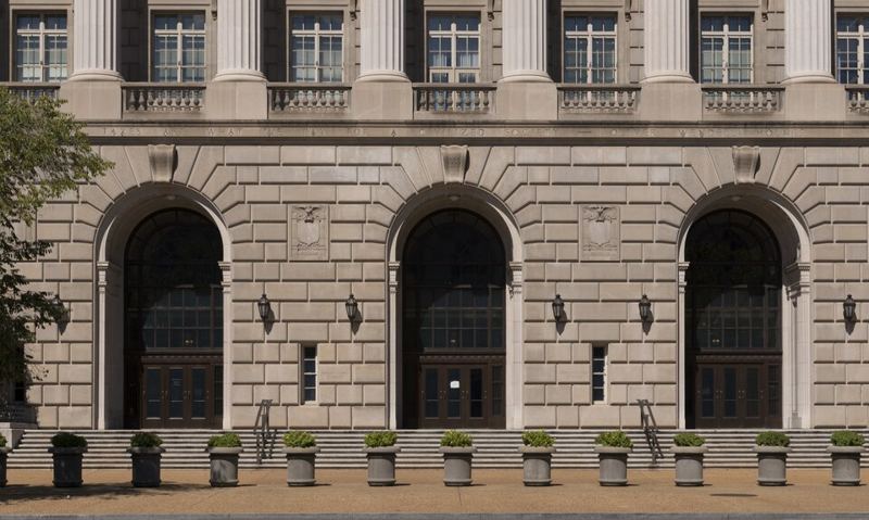Arched entrances of the Internal Revenue Service Building in Washington, D.C.