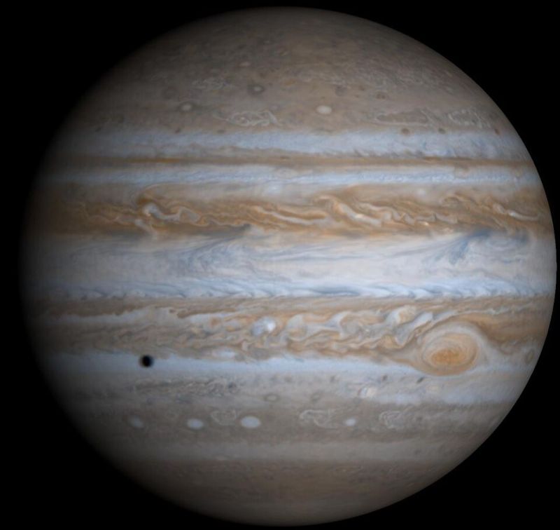 True-color view of Jupiter showing its banded clouds and the Great Red Spot