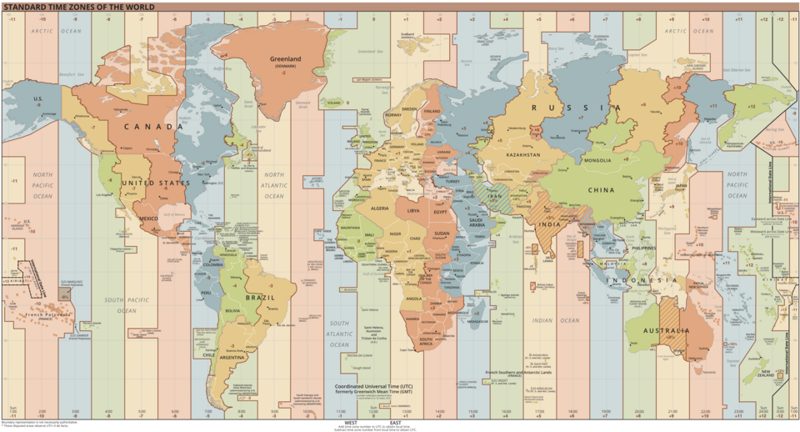 Map of the standard time zones of the world, centered on Coordinated Universal Time (UTC) at the Greenwich meridian
