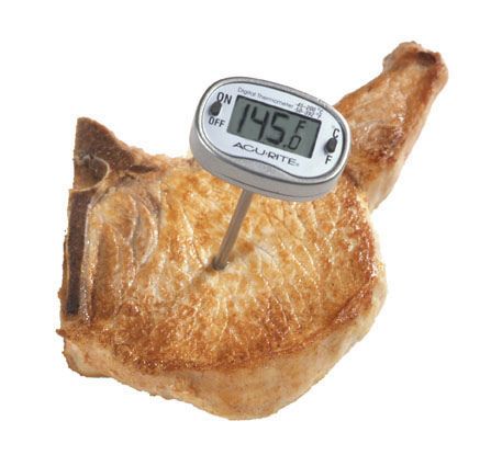 Meat thermometer inserted in cooked pork