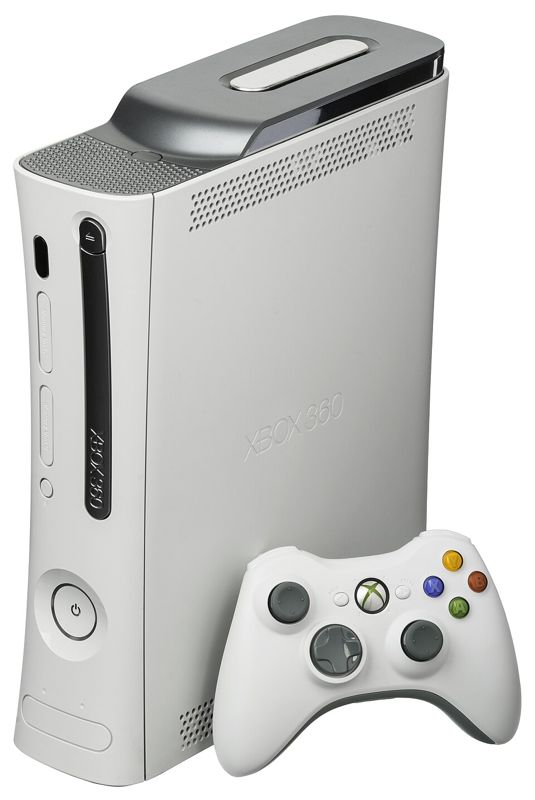 A white Xbox 360 Pro console standing upright next to a white wireless controller
