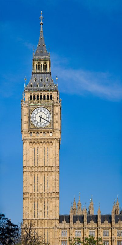 The Elizabeth Tower clock, home of Big Ben, at the Palace of Westminster in London