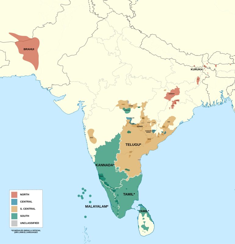 Map of South Asia showing where Dravidian languages are spoken, with Telugu, Kannada, Tamil and Malayalam across southern India and Sri Lanka, Gondi and Kurukh in central and eastern India, and Brahui in Pakistan