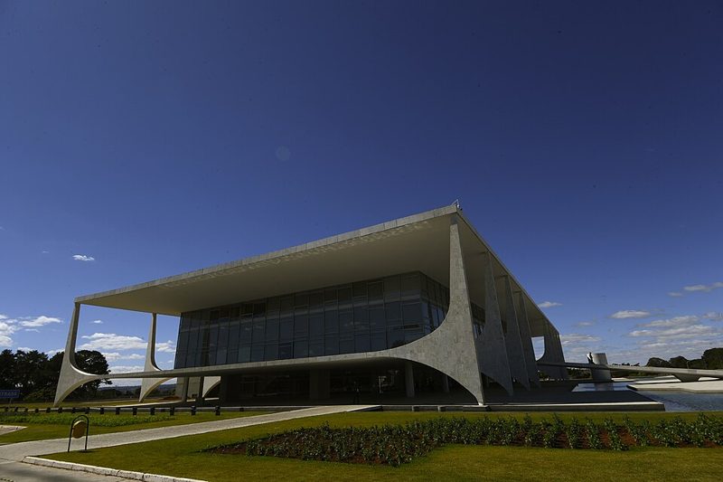 The Palacio do Planalto, Brazil's presidential office building in Brasilia, under a blue sky