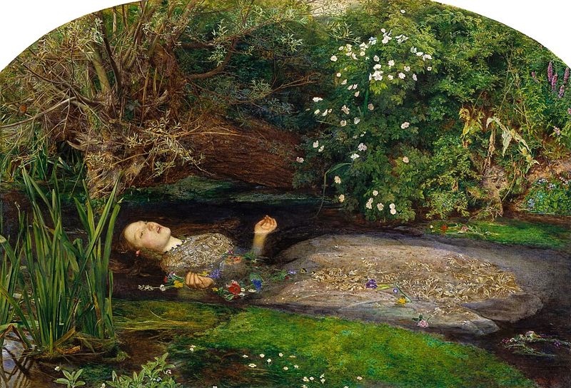 John Everett Millais painting Ophelia, a young woman floating in a stream among flowers