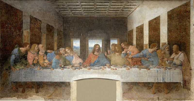The Last Supper by Leonardo da Vinci, showing Jesus with the twelve apostles (public domain painting, 1495-1498)