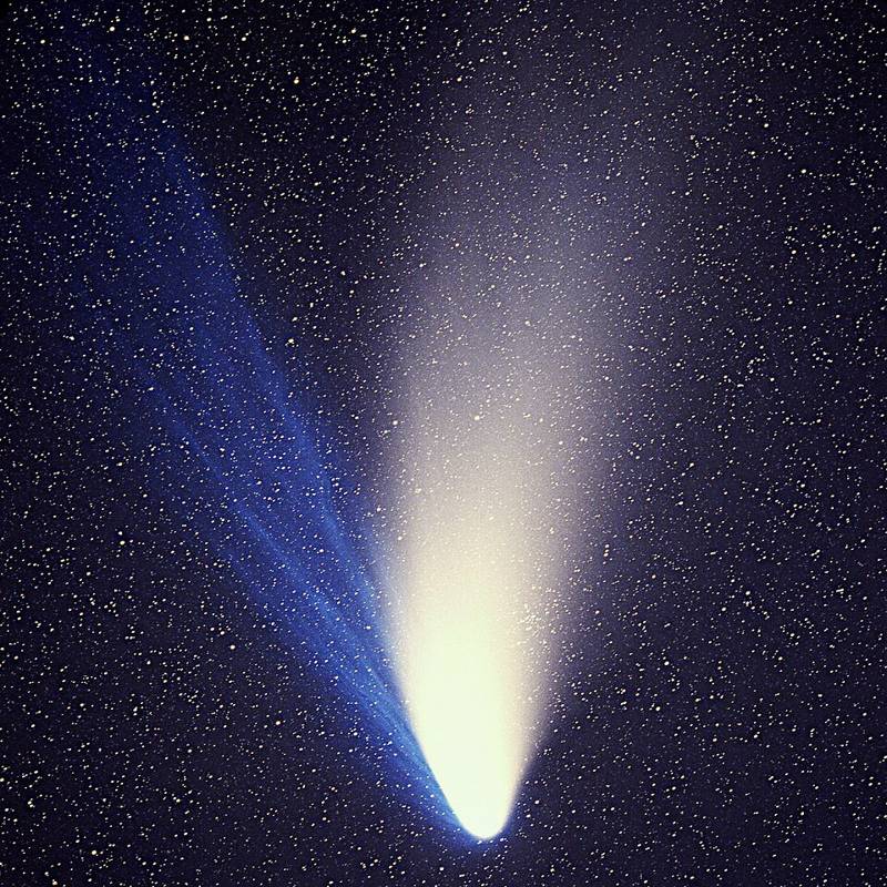 Comet Hale-Bopp in a starry night sky showing a white dust tail and a fainter blue ion tail