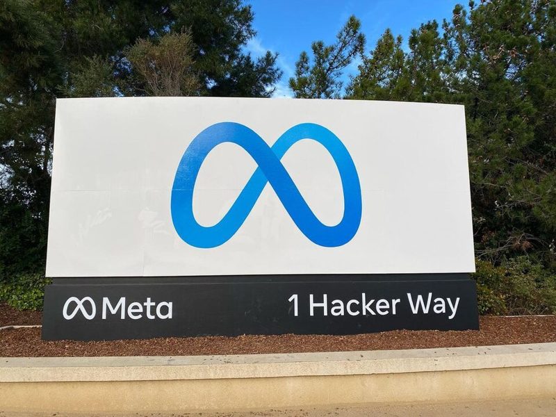 Meta logo sign at 1 Hacker Way, Menlo Park