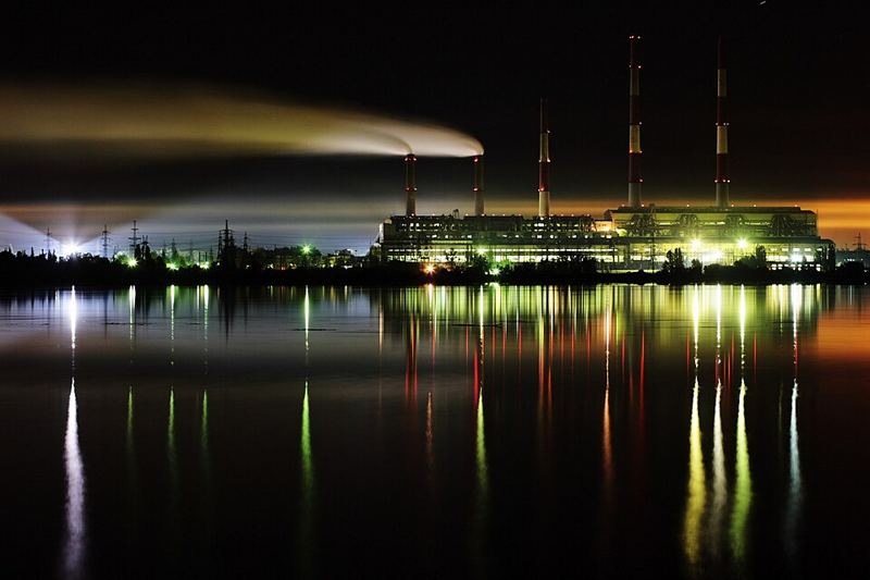 Zmiiv thermal power plant near Kharkiv, Ukraine, at night